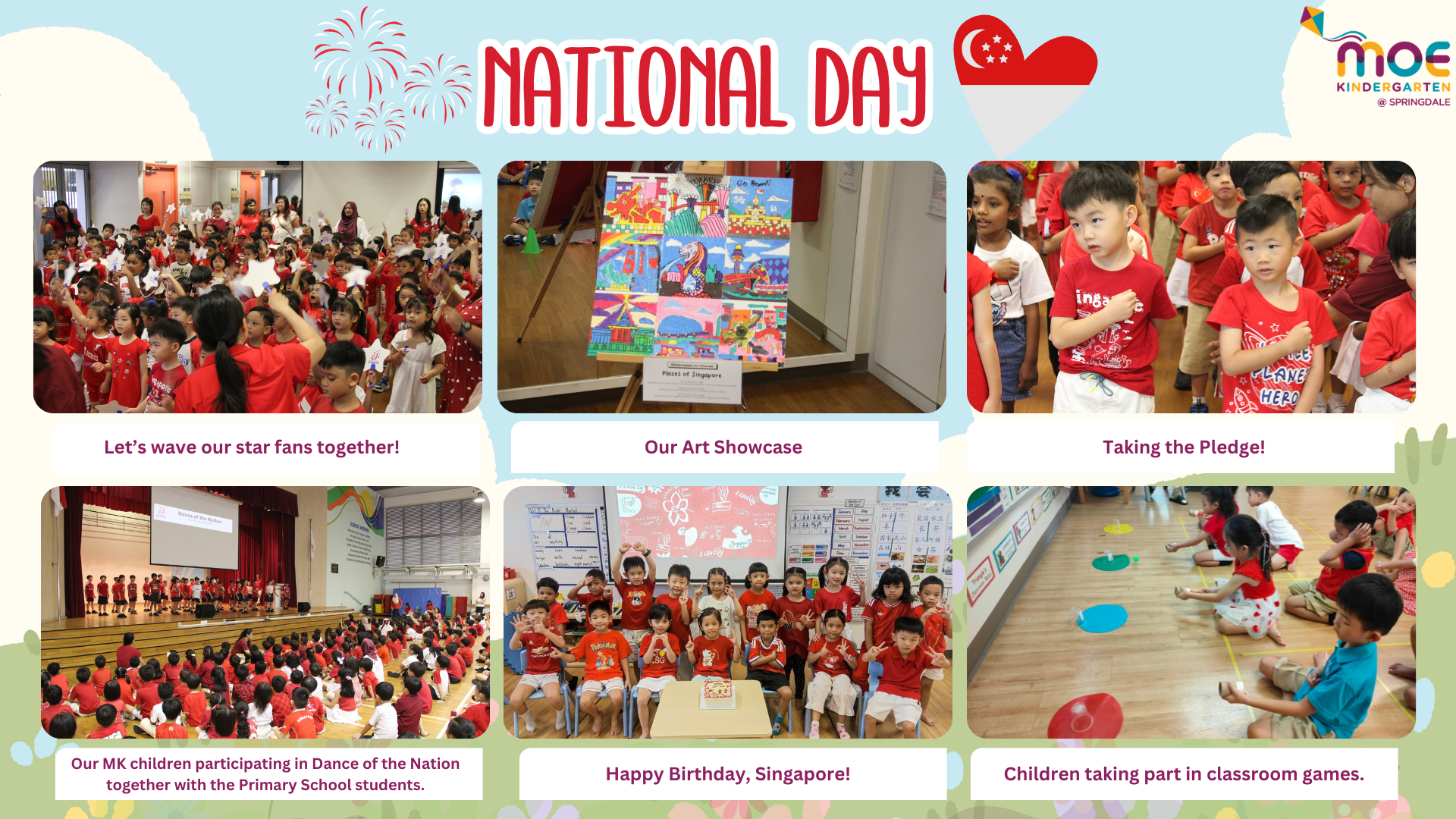 MOE Kindergarten National Day celebration flyer with six photos of young children in red and white.